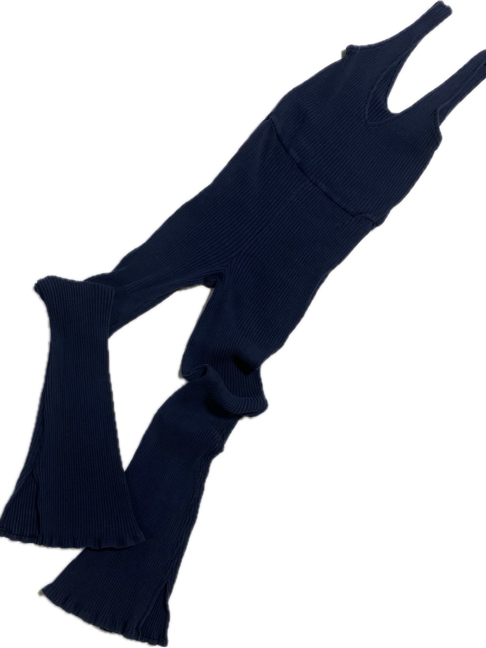Sleeveless Navy Ribbed Knit Jumpsuit with Flared Legs